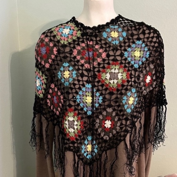 Chesley Accessories - Colorful black crochet shawl poncho made of granny squares and fringe